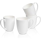 COSTMANCE Plain White Fine Bone China Blank Coffee Mugs Set of 4, 11 Oz Tea Cups with Large Handle, Lightweight Ceramic Coffee Mugs, Aesthetic Coffee Cups