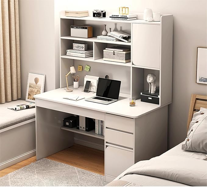 GGEROU Writing Study Table with Hutch Shelf and File Drawer,Large Computer Desk For Home Office,Standing Desk With Shelves Storag - Student Study Desk -Ideal for Gaming and Work (White/with Drawer)