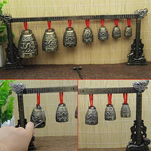 ZUINIUBI Chinese Antique Retro Style Bronze Bell Decoration Chinese Classical Percussion Musical Instrument Etiquette Cultural Representation Meditation Gong with 7 Ornate Cow Bell Set - Thumbnail 6