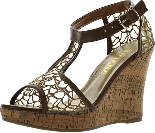 Diviana Womens Kealie-25 Sheer Mesh Cork Platform Ankle Strap Wedge Sandals,Brown,9