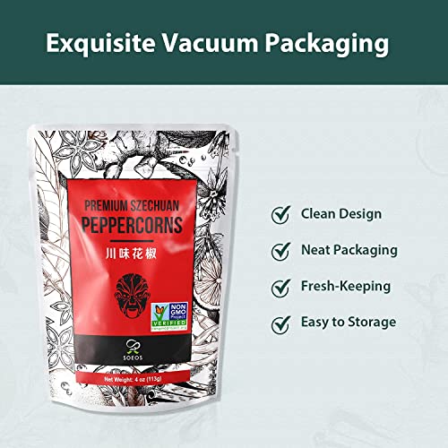 SOEOS SICHUAN PEPPERCORNS, 4 OUNCE(113G), AUTHENTIC SZECHUAN RED PEPPERCORN, NUMBING AND TINGLE EFFECT, LESS SEEDS, STRONG FLAVOR, ESSENTIAL FOR MAPO TOFU, KUNG PAO CHICKEN AND ASINE CUSINE