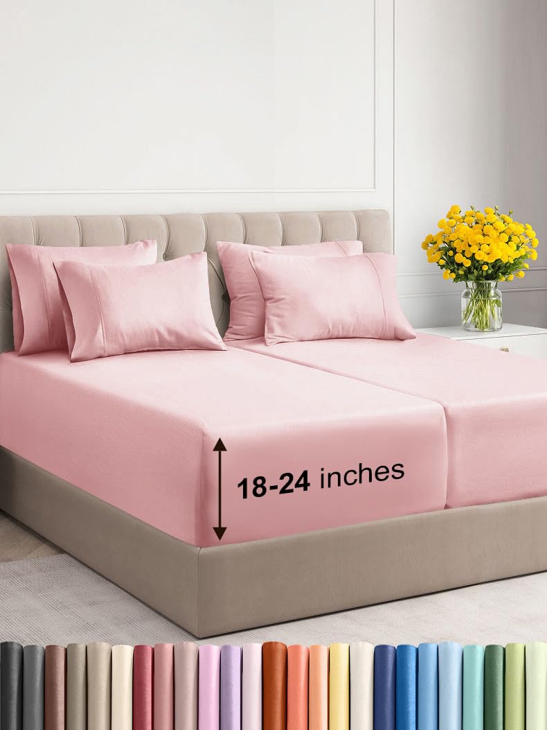 Photo 1 of Extra Deep Split King Sheet Set - 7 Piece Breathable & Cooling Sheets - Hotel Luxury Bedding Set 18-24 Inch Extra Deep Pockets - Easy Fit, Super Soft, Wrinkle Free & Comfy - Baby Pink, Split King Size