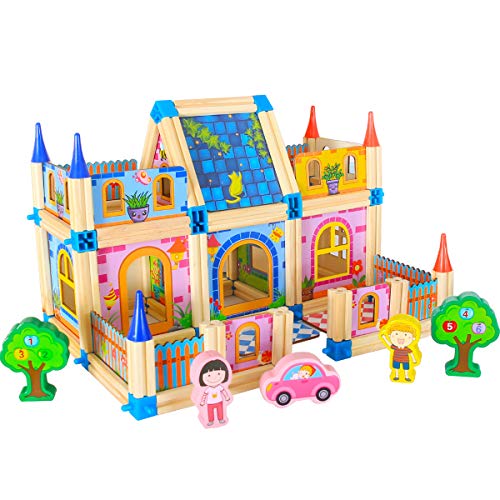 Wooden Building Toys for Kids,123 Pieces DIY Construction House Building Blocks Set Educational Toys ,Great Christmas Birthday Gift for 3, 4, 5, 6 Year Old Girls and Boys