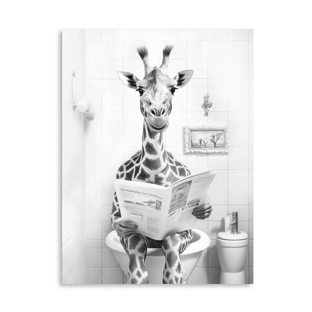 Yidepot Funny Toilet Giraffe Bathroom Decor: Kids Bathroom Pictures Black And Black And White Canvas Wall Art Framed 12"x16" — image 1