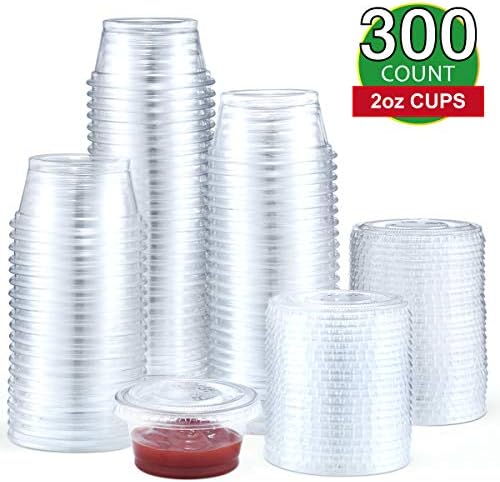 Eupako 2 Ounce Jello Shot Cups with Lids 300 Pack, 2 oz Plastic Condiment Cup with Lid, PET Cups, FDA Approved
