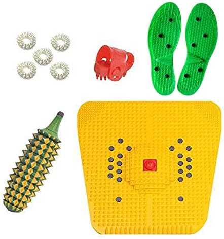 Cure18 Acupressure Power Mat 2000 with Karel and Toe Ring Pain Relief and Total Health + 5 Pcs Sujok Rings Combo pack of 9 (1 Pair set of Accupressure Shoe Sole