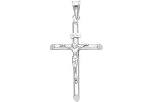 TOP GOLD & DIAMOND JEWELRY 14K White Gold Crucifix Latin Pendant - Jesus Engraved Cross Pendant - Christianity Fine Jewelry - Suitable for Men & Women - Great Gift for Christmas, Birthday & All Occasions, 1.5 Grams, 36 x 20 mm