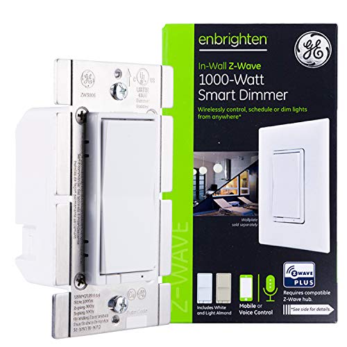 GE Enbrighten Z-Wave Plus 1000-Watt Smart Dimmer, No Neutral Wire Required, Halogen/Incandescent Bulbs Only, Works with Alexa/Google Assistant, ZWave Hub Required, White & Light Almond, 14299