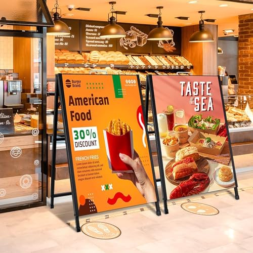 A Frame Sign Double-Sided, Folding Sandwich Board, Heavy Duty Slide-in Sidewalk Signboard, Metal Pavement sign(Frame only)), Black 60 * 90 * 105Cm