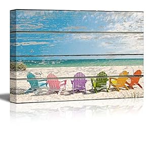 Canvas Wall Art - Beach Chairs on White Soft Sand on Vintage Wood Textured Background - Rustic Country Style Modern Giclee Print Gallery Wrap Home Art Ready to Hang - 12" x 18"