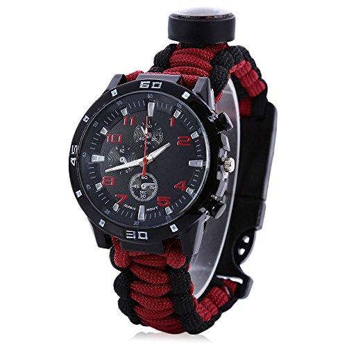 Men Women Emergency Survival Watch with Paracord,Compass,Whistle,Fire Starter, Analog Watches, Survival Gear,Water Resistant ,Adjustable (Black with Red)