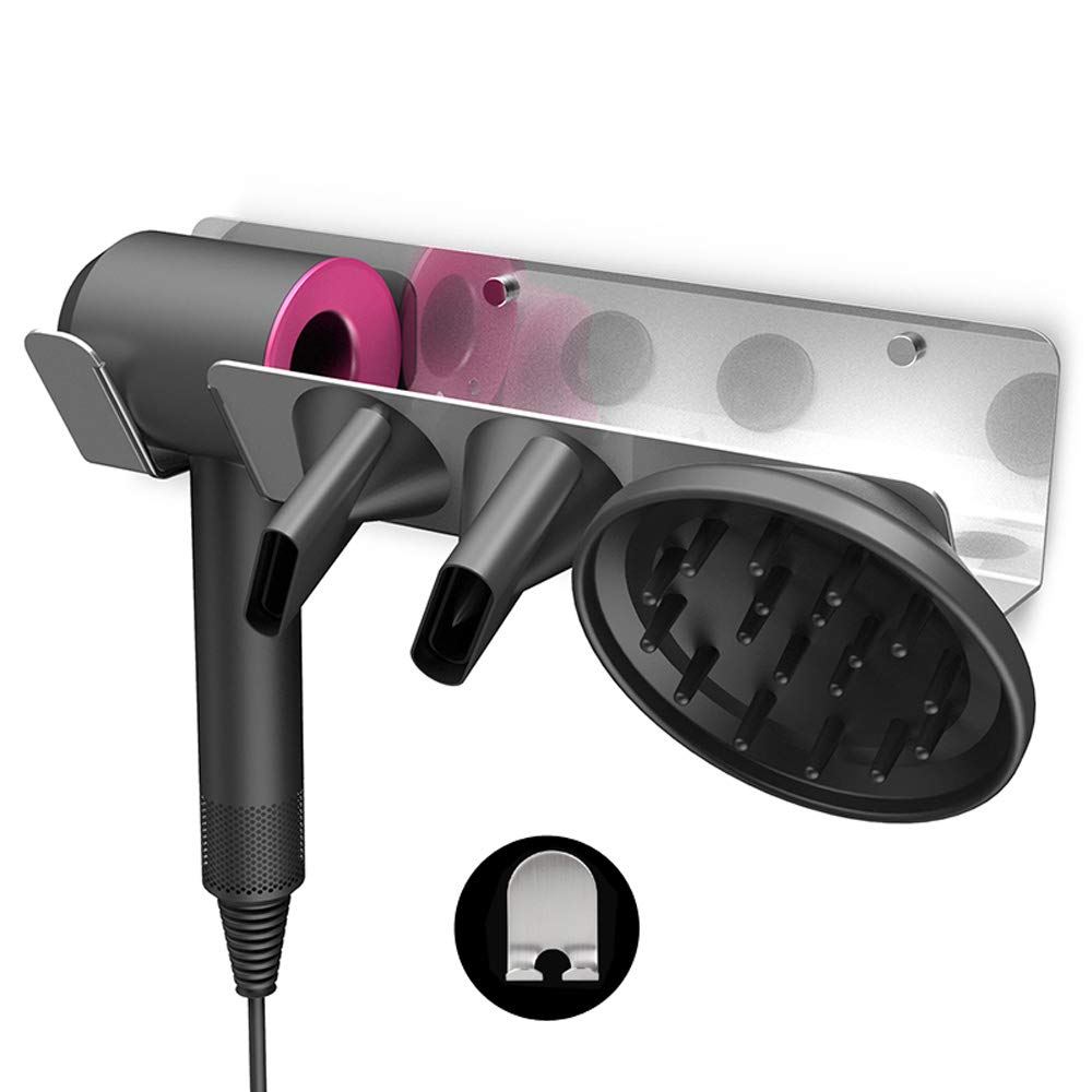 Hosoncovy Hairdryer Wall Mount Holder Stand Blow Dryer Rack Hook Organizer for Dyson Supersonic Hair Dryer (Silver Left)