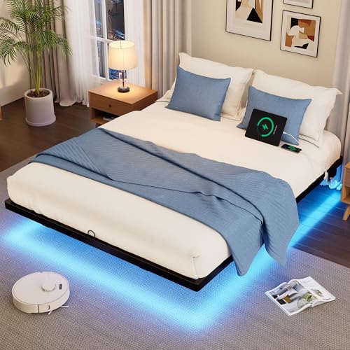 Floating Bed Frame King Size with Smart LED Lights and Charging Station, Heavy Duty Modern Metal Platform Bed No Box Spring Needed - Easy Assembly and Noise Free
