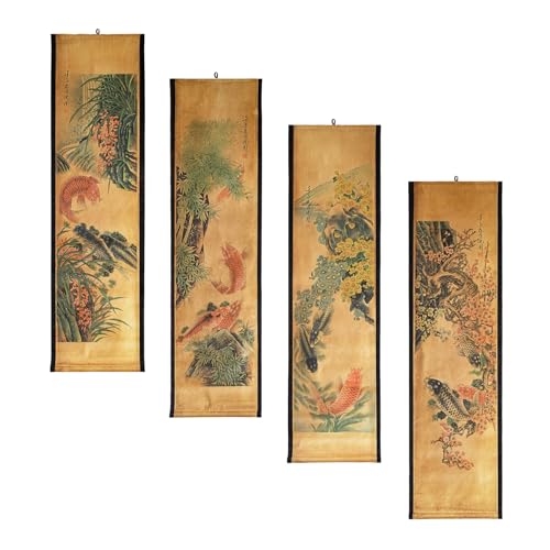 Photo 1 of 4PCS/Set Wall Scroll Hanging Painting Decor Japanese Koi Fish Flower Fengshui, Ancient Paintings Replica Asia Traditional Art, Attract Wealth Four Seasons