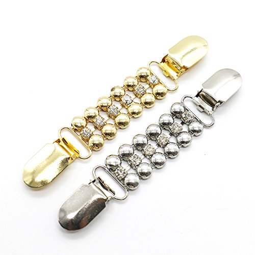 Buorsa 2PCS Gold and Silver Crystal Sweater Clip Cardigan Clip Collar Clip With Chain