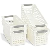 Farmlyn Creek Storage Baskets for Shelves - 4-Pack White Plastic Baskets w/ Gray Handles, 11.5 x 5.25 x 5 in - Narrow Shelf Bins & Closet Storage Bins for Bathroom, Nursery