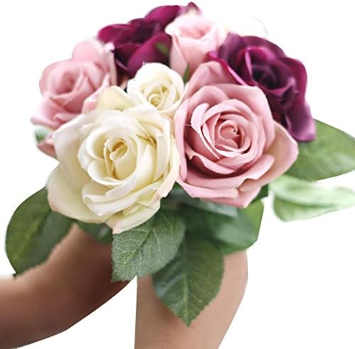 LEERYA 9 Heads Artificial Silk Fake Flowers Leaf Rose Wedding Floral Decor Bouquet (Beige)