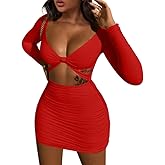 XXTAXN Women's Sexy Bodycon Deep V Neck Long Sleeve Cut Out Club Mini Dress