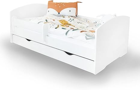 amazon de alcube kinderbett mit rausfallschutz matratze und schublade als set bett fur jungen und madchen in weiss 70x140 cm