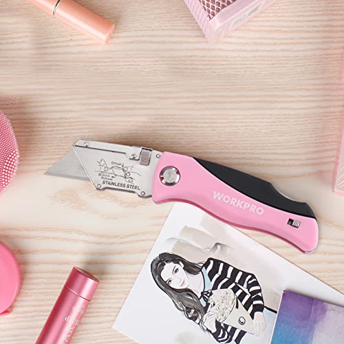 WORKPRO Folding Utility Knife, Quick Change Box Cutter, Pink Razor Knife for Cartons, Cardboard, Boxes with Blade Storage Design, Extra 15 Blades Included