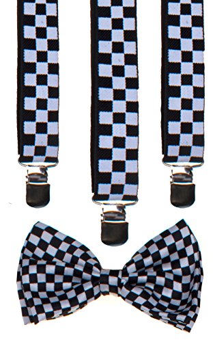 Classic Unisex Bow Tie and Suspender Set ( Checker Black White )