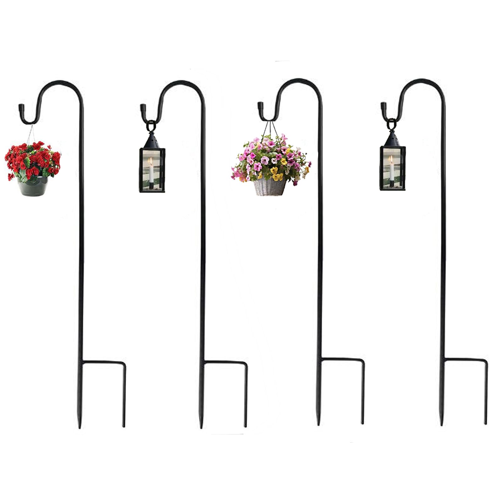 Alytimes Shepherd's Crooks, Height Adjustable Festoon Pole, 80.5 CM/31.6 in Garden Lantern Shepherd's Hook with Base for Hanging Basket Stand, Patio, 4 Sections Stitched (Black) (4)