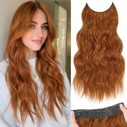 Photo 1 of KooKaStyle Invisible Wire Hair Extensions with Transparent Headband Adjustable Size 4 Secure Clips Long Wavy Secret Wire Synthetic Hairpiece for Women(30C#Copper Auburn 20Inch)