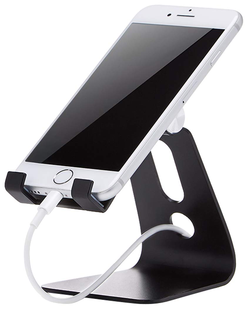 Amazon Basics Adjustable Aluminum Cell Phone Desk Stand for iPhone and Android, Black, 3.3 x 3 x 4.2 inch (LxWxH)