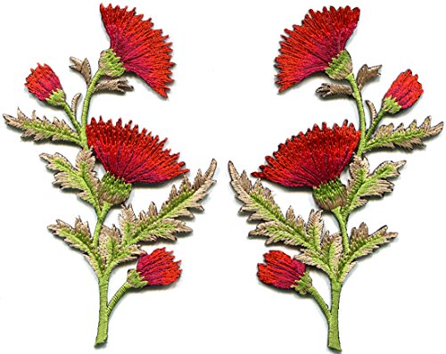 Red orange carnation spray thistle pair flowers floral bouquet embroidered appliques iron-on patches pair new