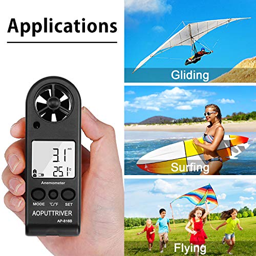 Digital Anemometer Handheld Wind Speed Meter for Measuring Wind Speed, Temperature and Max/Average/Current, High Precision, Measuring for Windsurfing Sailing Fishing Outdoor Activities-AP-816B(Black)