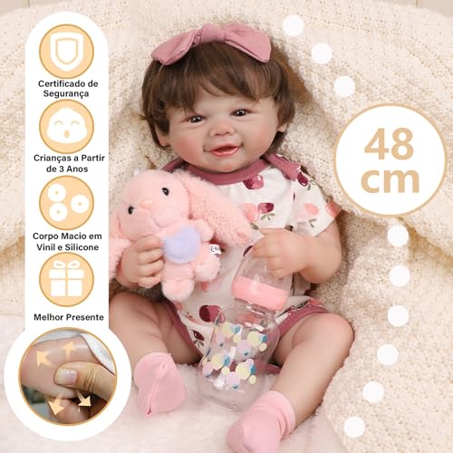 Bebê Reborn Boneca Realista Menina de Silicone Olhos Castanhos Pintado Pode dar Banho (Menina Boneca 48cm)