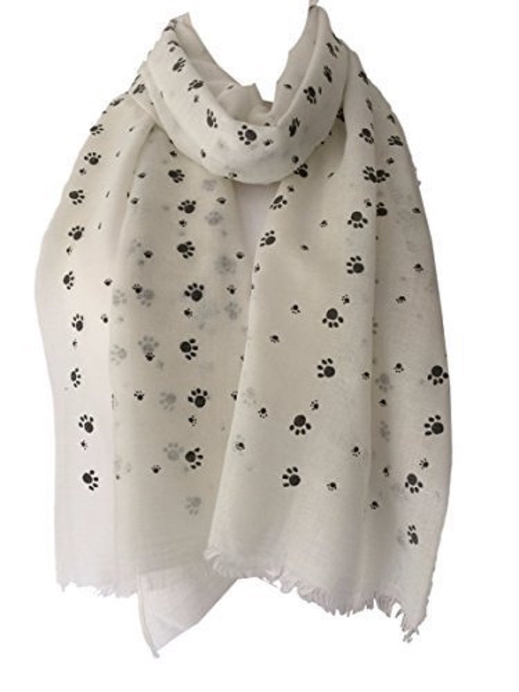 LilyRosa Women's Paw Print Pattern, Ladies Cotton Blend Cats Dogs Paws Scarf, Dog Cat Scarf (Cream & Black Paws)