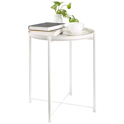 CERBIOR Round Tray End Table, Metal Side Sofa Milky White