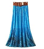 Womens Pleated Floral Print Bowknot Belt Chiffon Long Skirt Maxi Dress