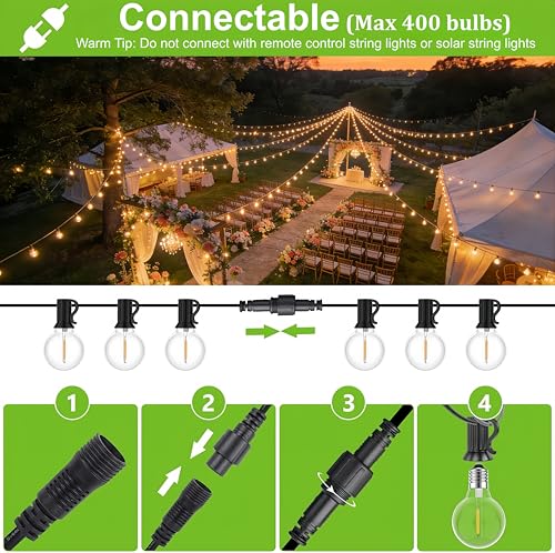 LaPitio Outdoor Light Chain 45.7 m IP45 Waterproof Connectable Outdoor Lights with 75 + 2 G40 Shatterproof Plastic Bulbs, Warm White 2700 K for Garden, Patio, Parties, Weddings