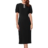 WOMLAYOUT Women's Formal Dress Puff Sleeve Wedding Guest Cocktail Keyhole Neck Midi Pencil Sheath Dresses