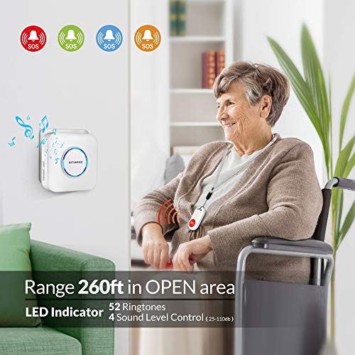 Wireless Caregiver Button Caregiver Pager with IP55 Waterproof SOS Call Button for Caregiver Alert System 52 Melodies with Wireless Range 260ft (3 SOS Buttons+2 Receivers) Neck Strap Included
