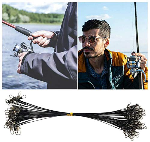 GadgetcKing 25pc Wire Trace Fishing Pike Sea Lure Swivel Link Barrel Hook Line Feeder Eels Rolling Leader Snap Snaps For No Tangle Lure Rig Black 30CM Coated