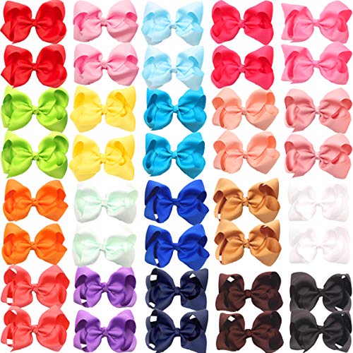 JOYOYO 40Pcs 4.5" Hair Bows Alligator Clips Grosgrain Ribbon Big Bows Clips For Girls Toddlers Kids Children 20 Colors In Pairs