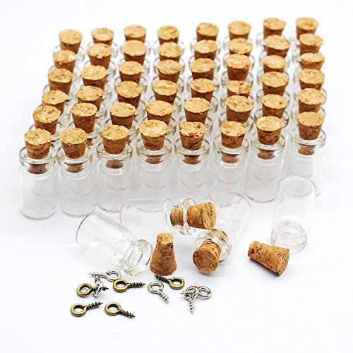 LEFV Mini Cork Top Glass Bottle Vial Charm Kit 3/4 Inch - 50pcs 0.5ml Clear Bottles with Corks & 50pcs Eye Screws - Miniature Empty Sample Jars Message Bottle Small Tiny Size