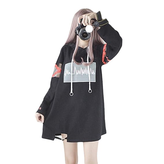 Himifashion Frauen Hoodies Harajuku Schwarz Lange Hoodie Kleid Baumwolle für Damen