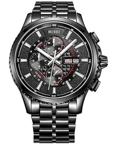 BUREI® Mens Luminous Chronograph Day and Date Watch with Black Bracelet, Black Bezel Black Dial