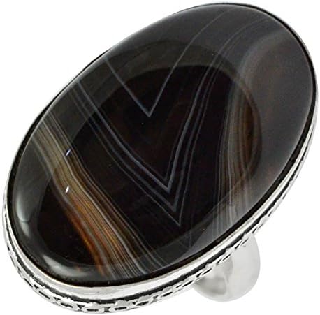 SILVERART Genuine Cabochon Botswana Agate 925 Silver Plated Ring