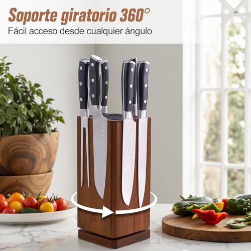 ENOKING 360° Rotating Kitchen Knife Holder, Kitchen Knife Holder with Bristles, Acacia Wood Knife Holder, Magnetic Knife Organizer for Knives and Utensils