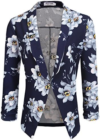 POGT Women 3/4 Sleeve Blazer Open Front Cardigan Jacket Work Office Blazer (S, Z Floral Navy Blue 1)