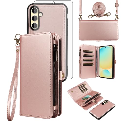 Asuwish Phone Case for Samsung Galaxy S24 FE 5G Zipper Wallet Detachable Cell Cover with Tempered Glass Screen Protector Crossbody Lanyard Strap Flip Card Holder Slot S 24 EF S24FE 24S Rose Gold