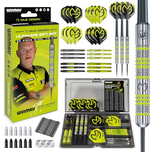 WINMAU - Professional Player - Michael Van Gerwen MvG Gift Set - 50-Piece Professional Darts Set - Includes 4 x Handles, 4 x Flights and Accessories - 18 g Soft Tip or 20 g Darts Metal Tip