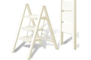 3 Step Ladder Folding Step Stool Cream White with Wide Anti-Slip Pedals,Aluminum Portable Lightweight Ladder for Home, Kitche
