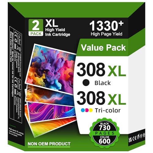308XL Ink Cartridges Compatible with HP 308 Black and Colour Ink Cartridge for HP 308, 308 XL Ink for HP Envy 6120e 6132e 6520e 6100e 6532e 6110e 6122e 6130e 6132e 6155e Deskjet 4320 2920 910 2 922 cm