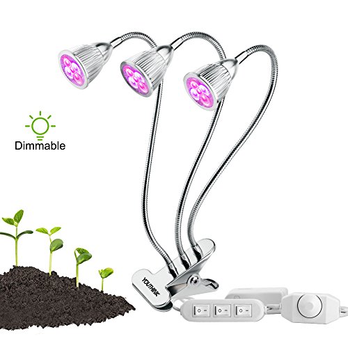 Grow Light, 15W Triple Heads LED Plant Grow Lamp with Rotary Dimmer Switch, Full Spectrum 360° Swivel Gooseneck Individual Switch Control (Rotary Dimmer)
